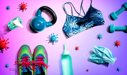 Naklejka premium Fitness and coronavirus theme with workout set - flat lay