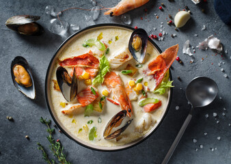 New England clam chowder, occasionally referred to as Boston or Boston-style Clam Chowder. Creamy soup with shrimp, corn, bacon and mussels - 382892641