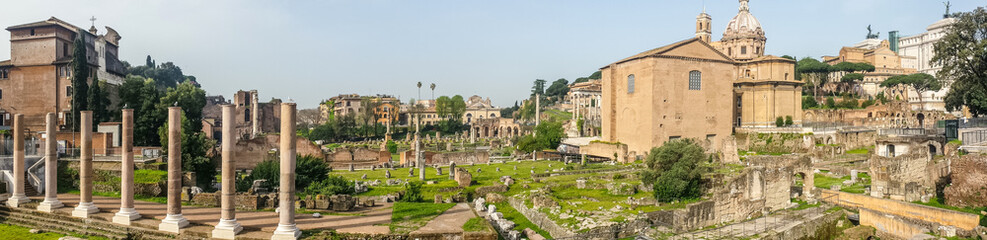 Fototapeta na wymiar Ultra wide view of the ancient Roman Forum