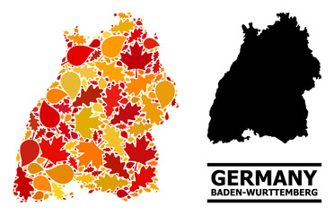 Mosaic autumn leaves and solid map of Baden-Wurttemberg State. Vector map of Baden-Wurttemberg State is made from randomized autumn maple and oak leaves. Abstract territorial scheme in bright gold,