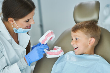 Little boy and female dentist in the dentists office