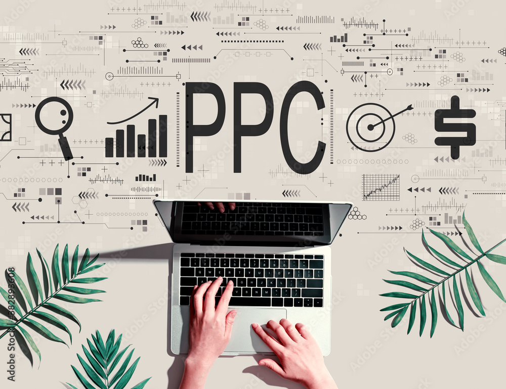 Poster ppc - pay per click concept with person using a laptop computer