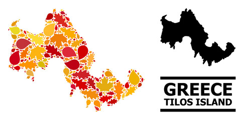 Obraz premium Mosaic autumn leaves and solid map of Tilos Island. Vector map of Tilos Island is composed from randomized autumn maple and oak leaves. Abstract geographic plan in bright gold, red,
