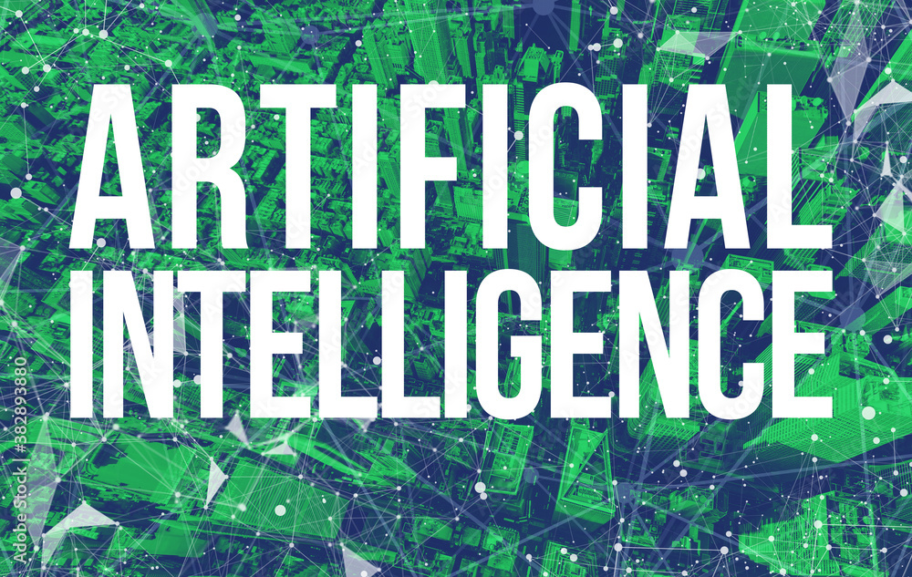 Aufkleber artificial intelligence theme with abstract network patterns and manhattan ny skyscrapers