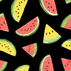 Watermelon seamless pattern. Hand drawn watermelon slice. Vector illustration. Vintage illustration.