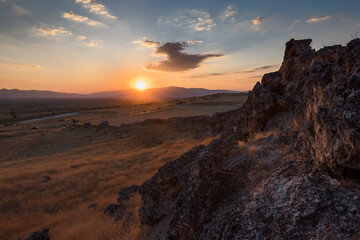 Rock formation landscape at sunset near Pamukkale, Denizli, Turkey