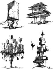 four hand drawn architectectural sketches of a modern abstract architecture and fantastic treehouse and generic city urbanism structure and buildings