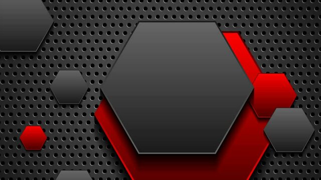 Red and black glossy hexagons on dark perforated background motion design
