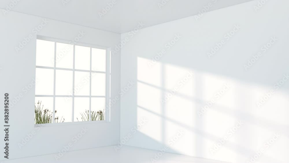 Poster white empty room with sunlight come from the window, 3d rendering.