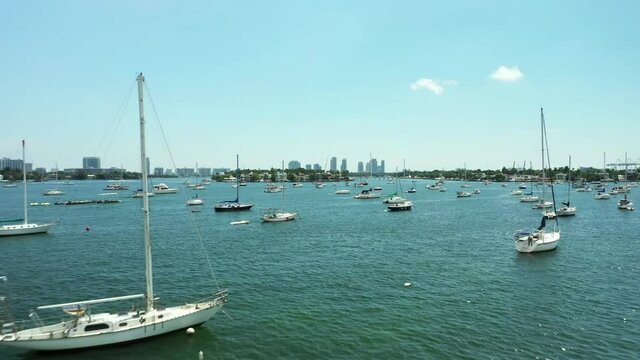 Sailboats Miami Biscayne Bay shot with 4k aerial drone