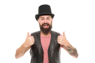 Circus magic trick performance. Magician circus worker. Man bearded guy cheerful face solve problem as magician. Magician character. Magician trick performance concept. Ready to see some magic