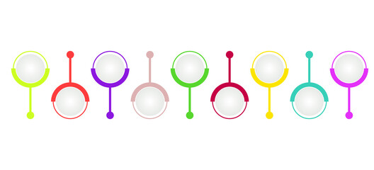 Business data visualization, infographics. Scheme of the process of elements with the help of graphics, diagrams of circles in nine stages of stages, empty for text, icons for options, parts. Business