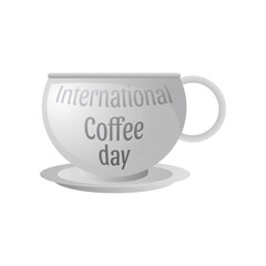 international coffee day label with cup of coffee on white background