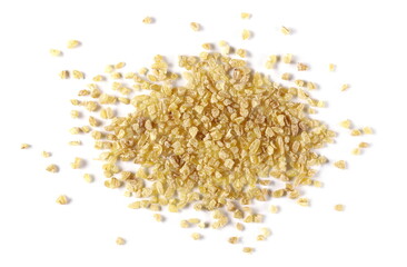 Dry bulgur pile isolated on white background, top view and clipping path