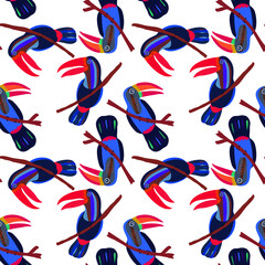 Fototapeta na wymiar Creative seamless pattern with tropical birds, parrots, leaves and flowers. Trendy texture with hand drawn exotic plants. Swimwear botanical design. Jungle exotic summer print.