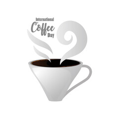international coffee day label with cup of coffee steamy