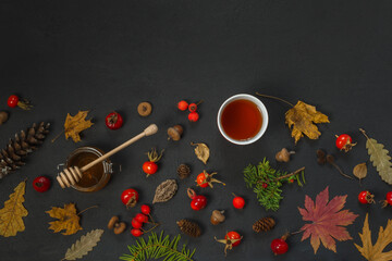 Autumn composition on a black background of dry leaves, rosehip tea, jars of honey, red berries. Top view, horizontal, with space