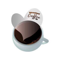 international coffee day label with cup of coffee and a heart on white background