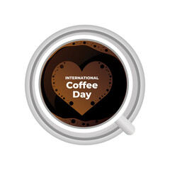 international coffee day label with cup of coffee and a heart
