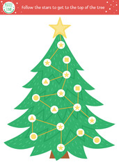 Christmas maze for children. Winter preschool printable educational activity with shape recognition practice. Funny holiday game or puzzle with fir tree. Follow the stars to get to the top .