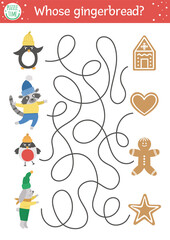 Fototapeta premium Christmas maze for children. Winter new year preschool printable educational activity. Funny holiday game or puzzle with cute animals and cookies. Whose gingerbread? .