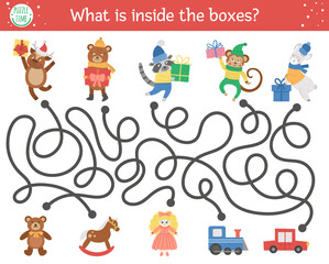 Christmas maze for children. Winter new year preschool printable educational activity. Funny holiday game or puzzle with cute animals, presents and toys. What is inside the boxes? .