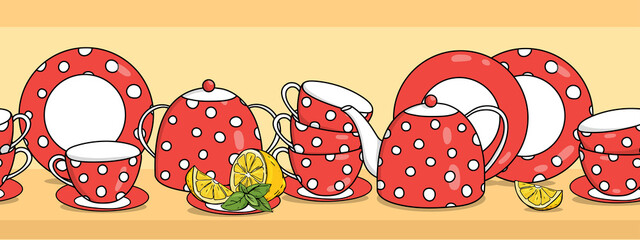 Border with tea set and lemon. Red teapot, cups and saucers with white polka dots. Vector illustration on a white background. Horizontally. Seamless.