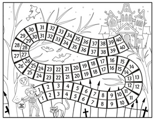 Halloween black and white board game for children with spooky castle and cute children. Educational boardgame with haunted house. Scary printable coloring page. .