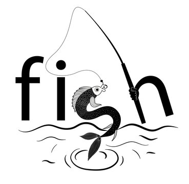The word fish is written in black, which turns into a drawn fish and fishing. Isolated over white background. Stock vector illustration.