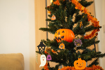Halloween party and decorated tree at home in Japan
