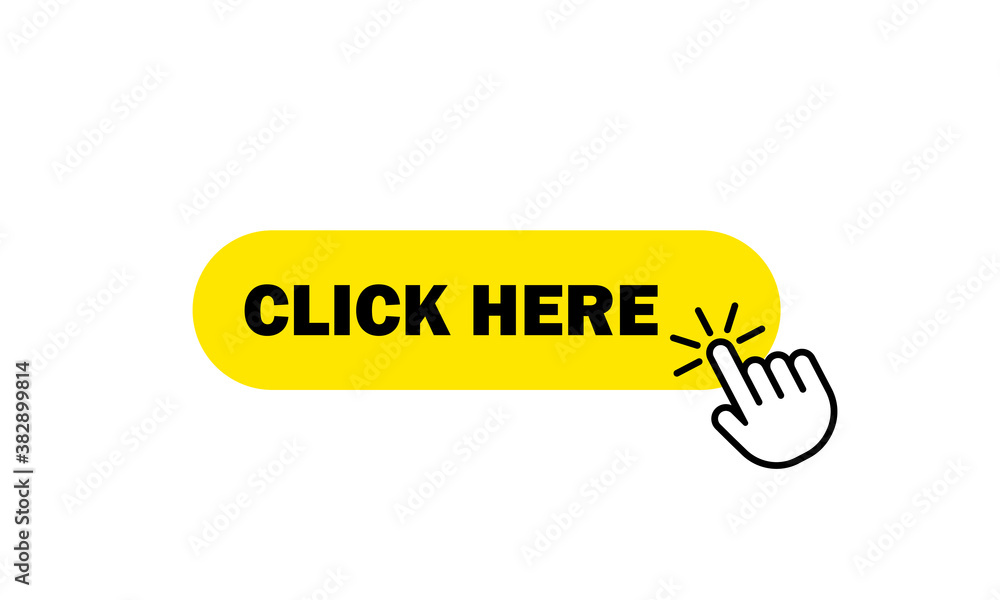 Poster click here button with hand cursor. vector eps 10. isolated on white background