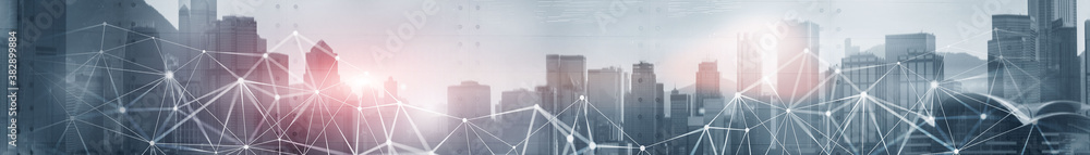 Poster abstract business network connection concept. hong kong panorama.