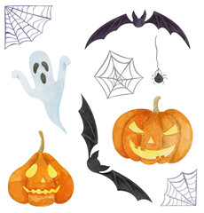 Naklejka premium Halloween set with watercolor hand painted pumpkin, bat, ghost, spider, web. For halloween greeting cards, invitations, covering, decoration, napkins, textile, linen, clothes, costumes, wrapping