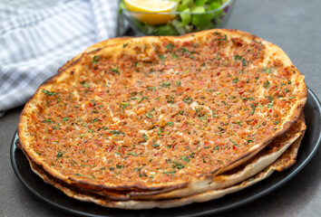 Traditional delicious Turkish foods; Lahmacun (Turkish pizza)