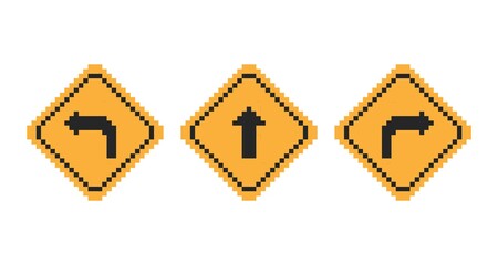 Pixel art 8-bit turn left, turn right, go straight road sign set on white background - isolated editable vector illustration