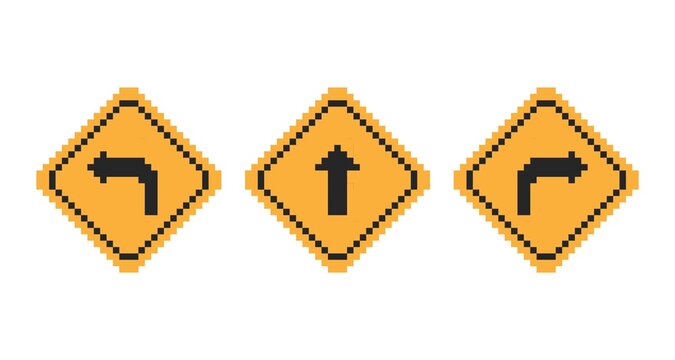 Pixel art 8-bit turn left, turn right, go straight road sign set on white background - isolated editable vector illustration