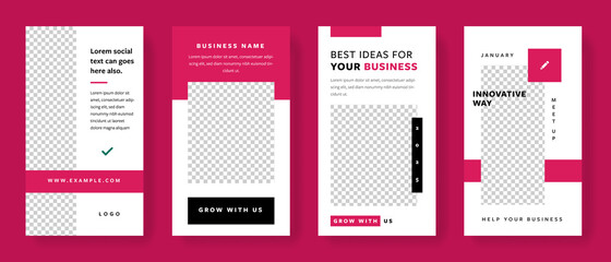Set of editable instagram story post layouts for social media with magenta accent. Business graphic design with place for photo and logo