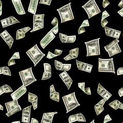 Poker prints us dollar. American money, isolated on black cash. Flying hundred dollars isolated on black background.