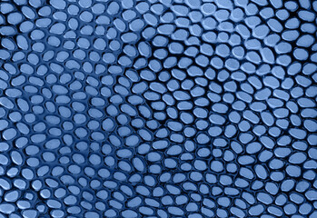 Abstract background of matte rounded spots on a glossy surface toned classic blue trend color of the year 2020. Surface and texture as design element. Full frame.