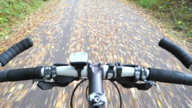 Mountain biking in forest park down hill descending on bicycle. View from biker sadle, hands do not hold handle bars