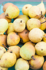 Beautiful ripe yellow pears in a blue container.