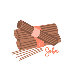 Raw buckwheat soba noodles isolated on white background. Vector illustration of japanese food in cartoon simple flat style with hand drawn lettering Soba. Three bunches.