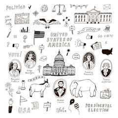 Voting american presidental election, united staters of america hand drawn doodle line illustrations vector set. © GooseFrol
