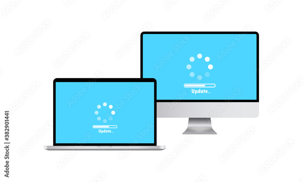 Poster devices icon. laptop and computer display. system software update and upgrade concept. loading proce