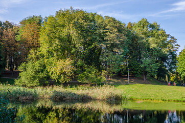 City park in the warm and sunny day during the autumn season. Landscape fulfilled of sunlight