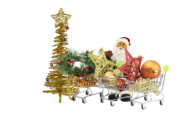 Santa Claus among the baskets full of Christmas toys and jewelry.