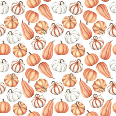 Beautiful watercolor seamless pattern with autumn pumpkins on a white background.