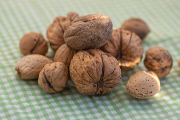 Walnuts on table-cloth in hard nutshells, group of dry ripened fruits, crop food ingredients ready for cooking