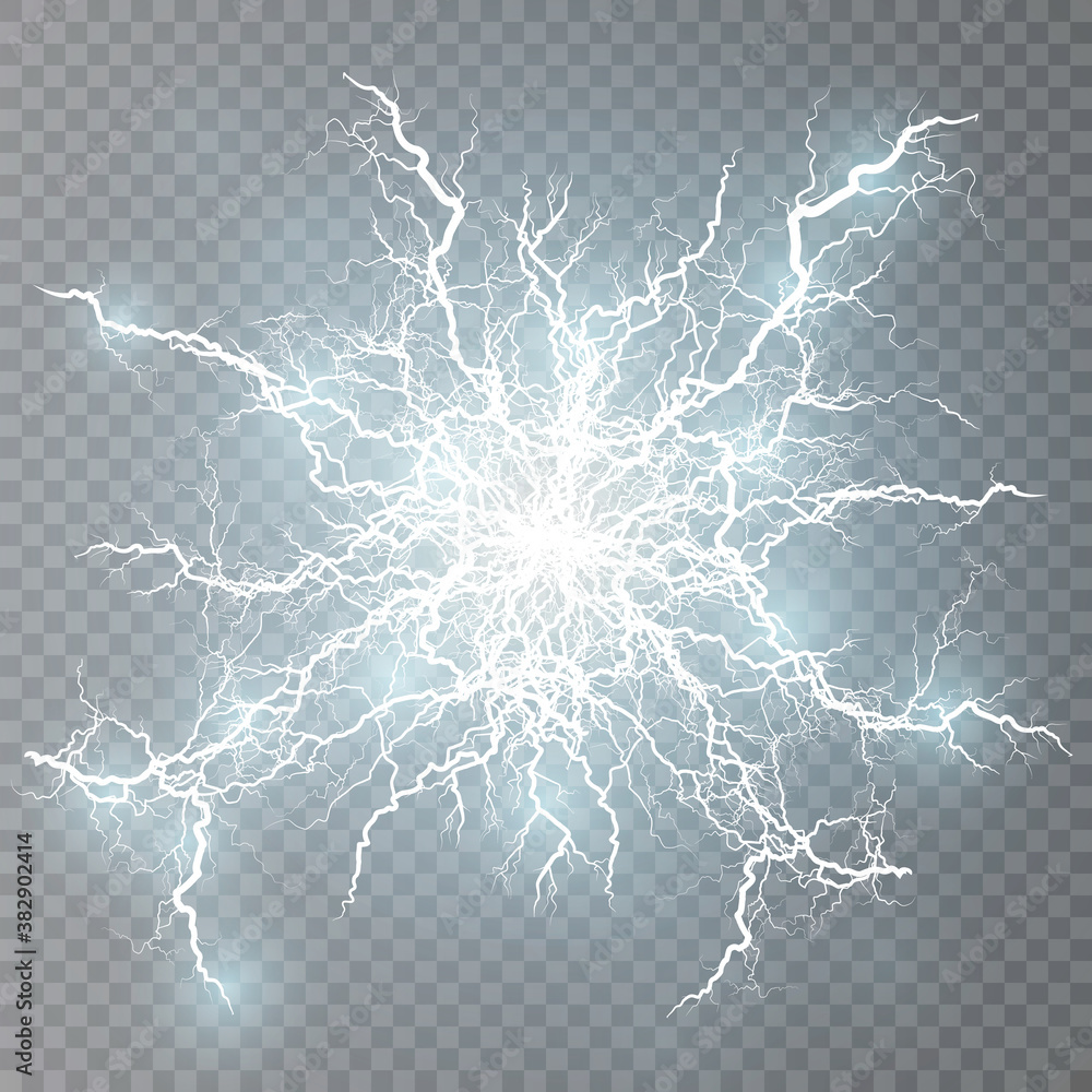 Poster Lightning flash light thunder sparks on a transparent background. Lightning flash light PNG.