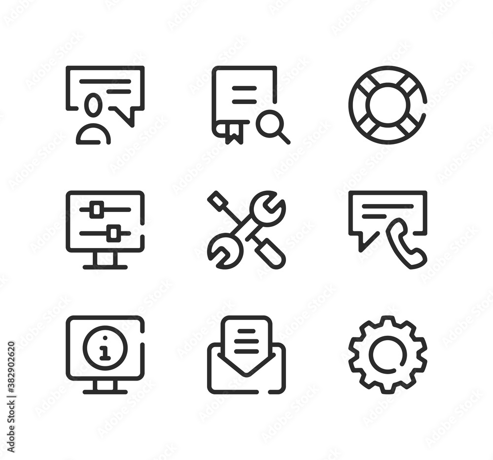 Poster technical support line icons set. modern graphic design concepts, black stroke linear symbols, simpl